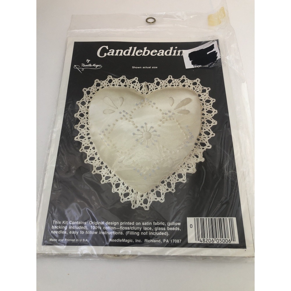 NeedleMagic Candlebeading Kit Heart Pillow Cream Vintage Lace‎ Glass Beads 5006